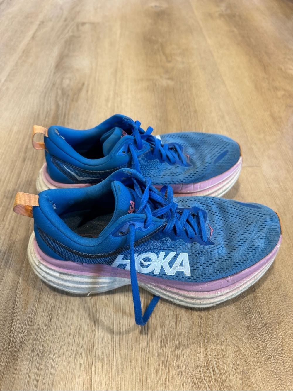 HOKA Bondi Women's Blue Running Shoes with Pink Accents